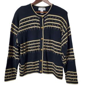 Vintage Lisa Ashley Beaded Metallic Cardigan L Black Gold Sweater Holiday Womens